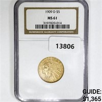 1909-D $5 Gold Half Eagle NGC MS61