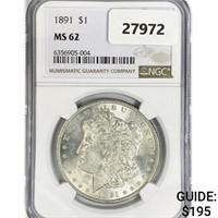 1891 Morgan Silver Dollar NGC MS62