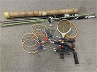 Badminton and tennis rackets and net