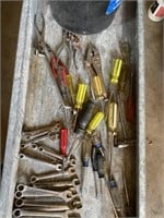 Pail of wrenches and screw drivers etc.
