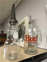 GLASS OIL BOTTLE AND BUD PITCHER
