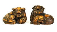 Pr Chinese Carved Wood Foo Dog Figures