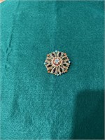 Gold broach with ruby, red, blue rhinestones