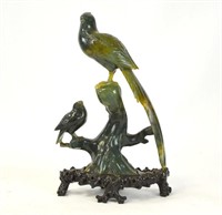 Chinese Carved Green Jade Birds on Rock