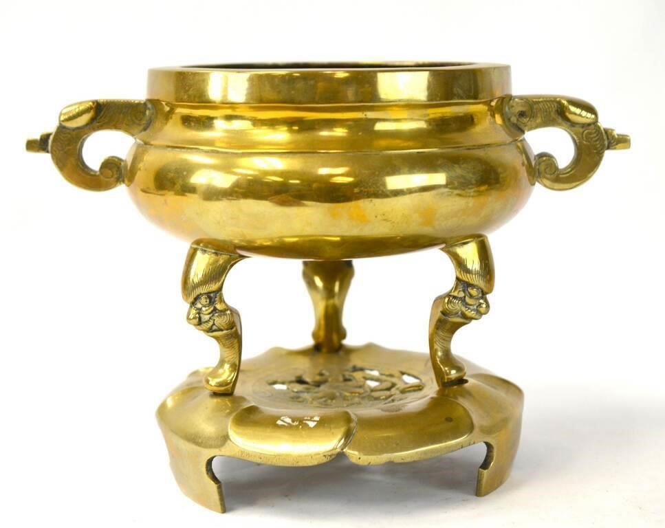 Chinese Bronze Tripod Incense Burner with Base
