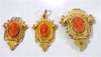 Three Pcs Antique Coral & Gold Pendants