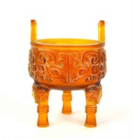 Chinese Amber Perking Glass Tripod Censer