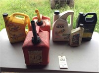 Motor oil & 2 gas cans (plastic)