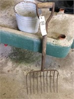Vintage pitchfork & galvanized bucket