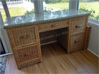 Vintage Rattan Desk with Glass Top