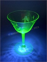 Hand Etched Uranium Footed Stem Glass