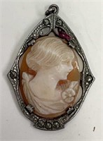 Sterling Silver & Marcasite Shell Cameo Pendant