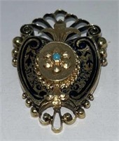 14kt gold enameled broach with turquoise cabochon
