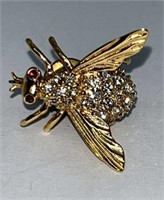 Bee pin with crystal and ruby stones