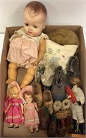 Tray Lot Antique Doll Shoes, Wig, Pillow, Dolls