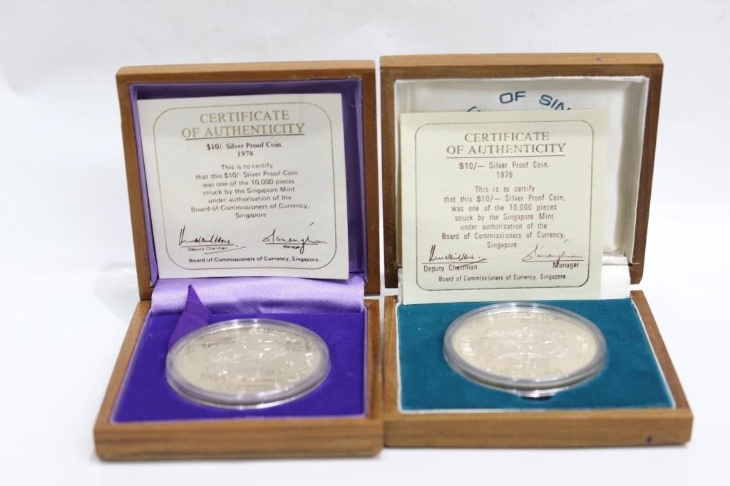 Two Singapore 10 Dollar Silver Proof Coins,1976and