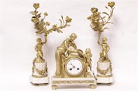 19th.C Bronze Marble Cupid Clock Set w Pendulum an