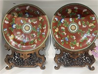 Pair of Chinese Cloisonne Plates w Wood Stand