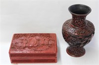 Chinese Red Cinnerbar Vase and Box