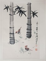 Chinese Ink Color Painting, Bamboo and Birds