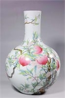 Chinese Famille Rose Tianqiu Vase w Nine Peaches