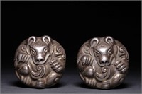 Late Qing Chinese Silver Bear Paper Weight,Pair.