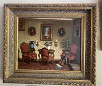 Fancy Framed Signed Oil Painting - Interior Room