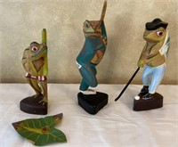 Trio of Handpainted Wooden Frogs