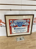 Vintage Budweiser framed sign measures 21 by 17