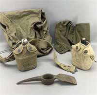 Vintage US military gear pickax, Canton & backpack