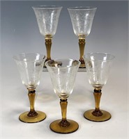 5 CORDIAL GLASSES W AMBER STEMS