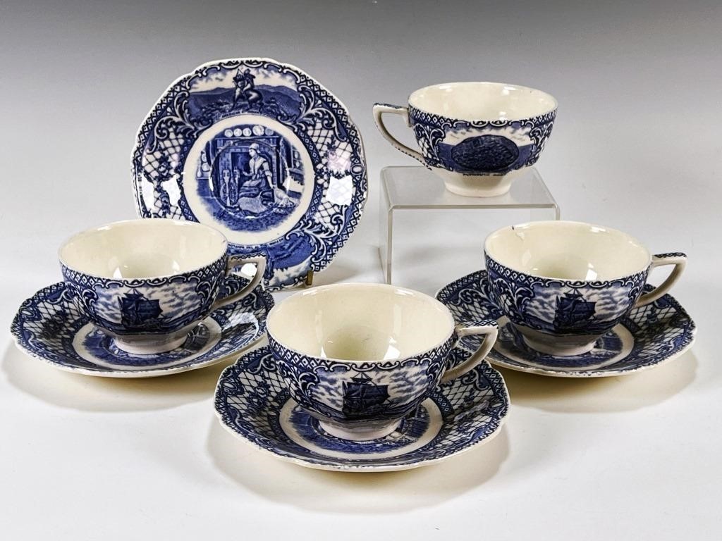 FOUR COLONIAL TIMES CROWN DUCAL TEA CUPS & SAUCERS