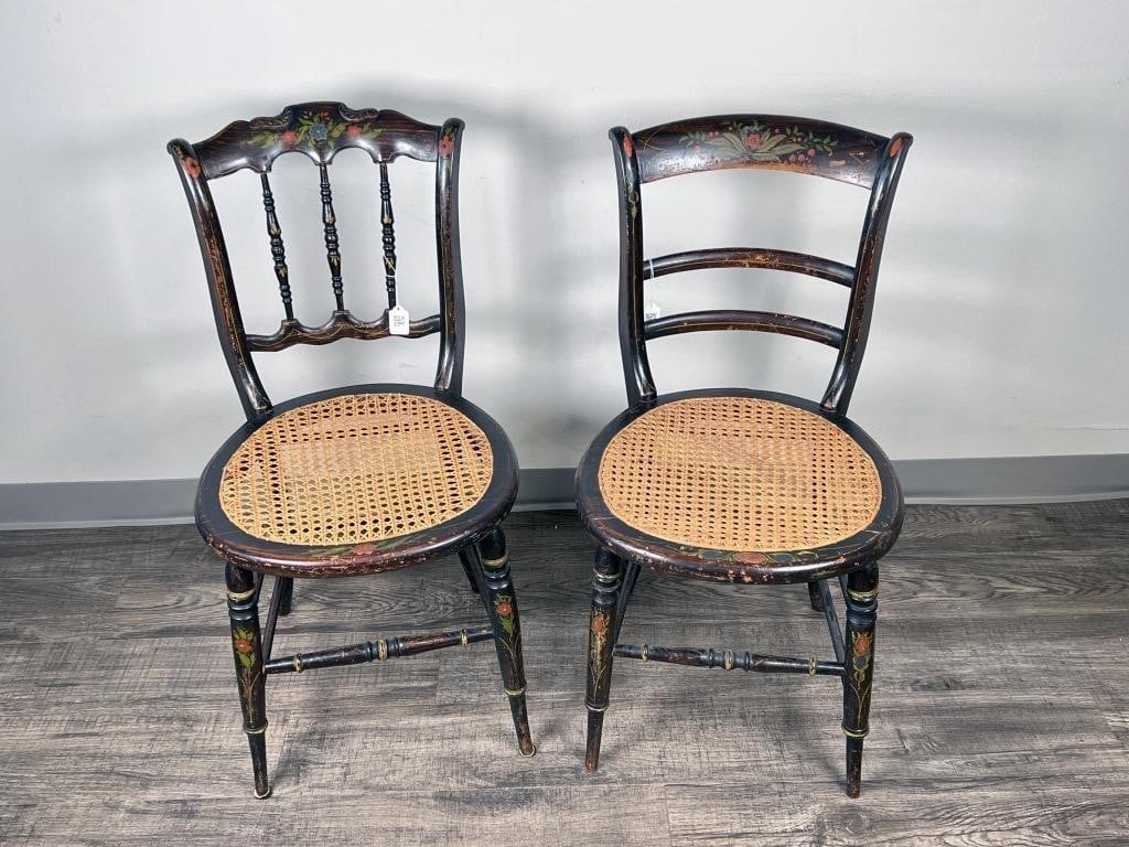 TWO ANTIQUE HAND PAINTED WOODEN CANE SEAT CHAIRS