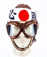 Japanese WWII Fighter Pilot Helmet, Goggles & Band