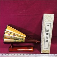Pictoral Handpainted Japan Fan On Lacquered Stand