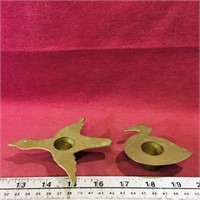Pair Of Small Brass Duck Candleholders