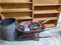 Wheelbarrow and contents, trash can, see photos