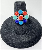 Sterling Lapis/Turquoise/Coral Cluster Ring 4 Gr