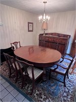 antique Oval table and 6 chairs & rug
