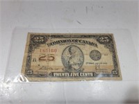 Vintage 1923 Dominion of Canada 25 Cent Bill