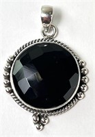 Large Sterling Faceted Black Onyx Pendant 10 Grams