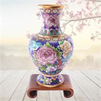 Chinese Cloisonné Vase on Wooden Stand