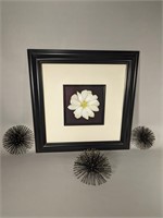 Framed Floral Print and Metal Wall Hangings