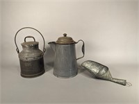 Metal Milk Can, Kettle, and Scoop