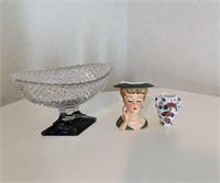 Glass Pedestal  Bowl, Lady Head Vase, Vase