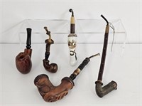 4 WOOD CARVED PIPES & 1 CERAMIC PIPE- HOLLAND