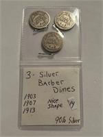 3 90% Silver Barber Dimes 1903,1907,1913