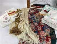 Vintage linens embroidered, silk shawls one