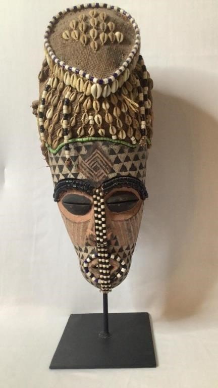 Carved Kuba Beaded Hooded Mask
