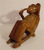 African Wooden Hand Carved Man with Pipe Sculpture
